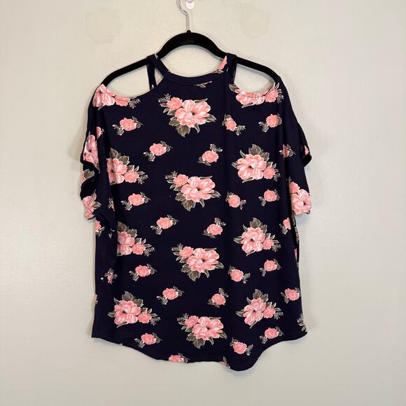Allison Andrews Blouse Top XL Floral Cold Shoulder Short Sleeves Pullover Blue - Picture 2 of 6